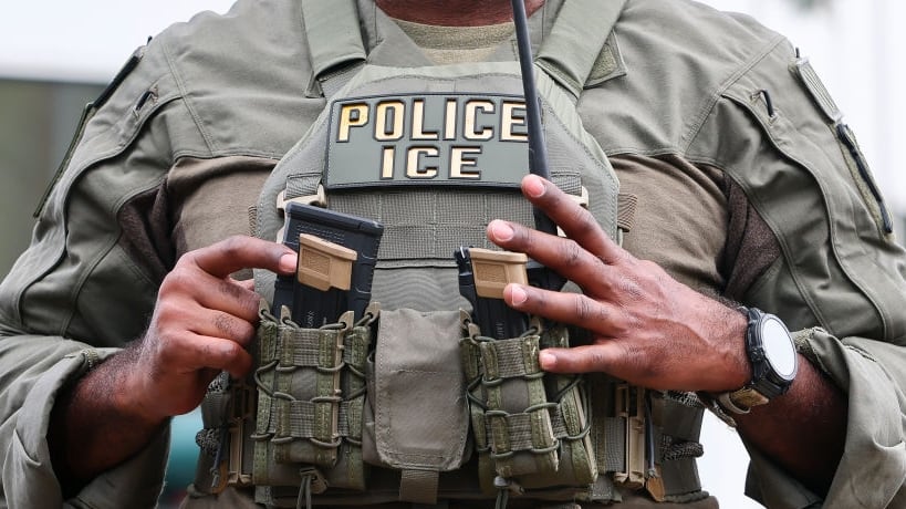 An U.S. Immigration and Customs Enforcement's (ICE) personnel provides security in the French Quarter provides security in the French Quarter prior to Super Bowl LIX on February 08, 2025 in New Orleans, Louisiana.