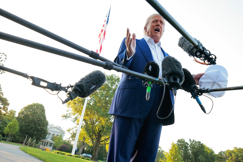 President Donald Trump speaks to reporters before boarding the Marine One presidential helicopter and departing the White House on June 24, 2025, in Washington, DC. Less than 12 hours after announcing a ceasefire between Israel and Iran, Trump is traveling to the Netherlands to attend the NATO leaders' summit.