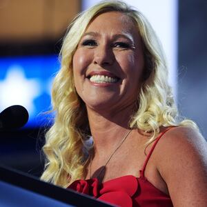 Split of Marjorie Taylor Greene and Gavin Newsom.