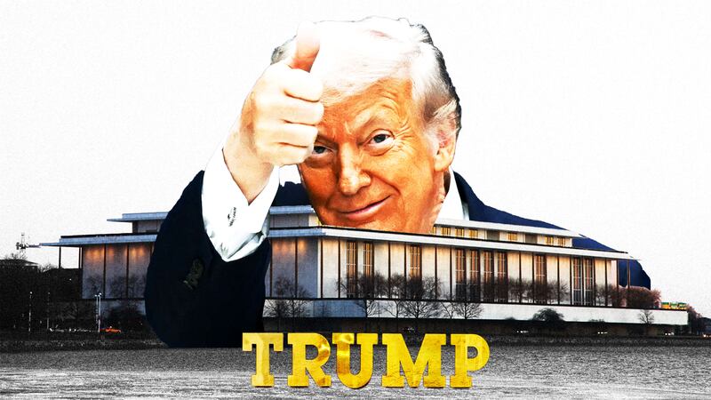 Donald Trump with a thumbs up behind the Kennedy Center