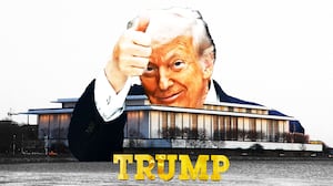Donald Trump with a thumbs up behind the Kennedy Center