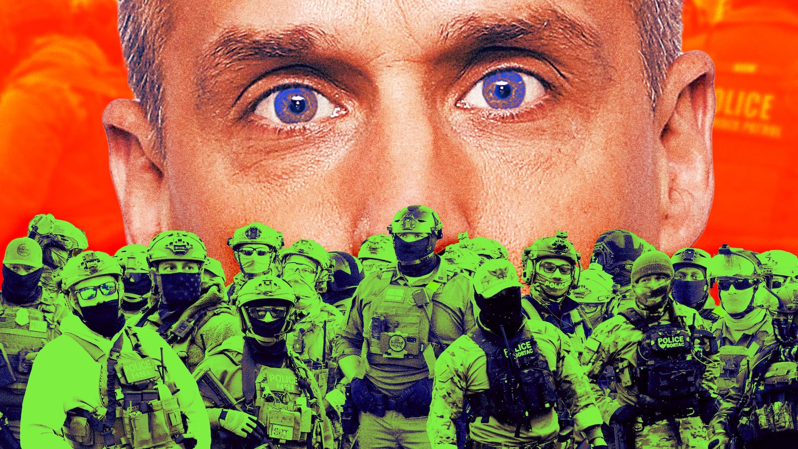 A photo illustration of Corey Lewandowski and DHS agents.