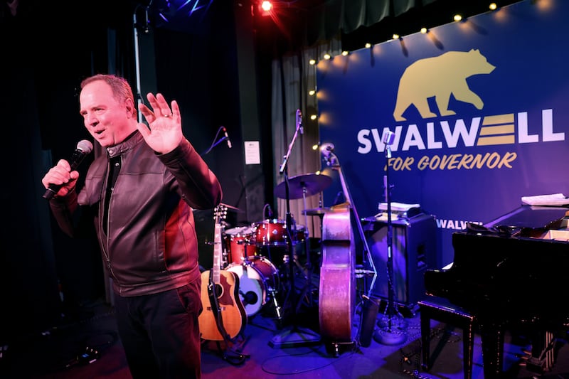 BERKELEY, CA, FEBRUARY 20, 2026: U.S. Senator Adam Schiff addresses supporters of Rep. Eric Swalwell at Local Edition bar in San Francisco during the California Democratic Party 2026 State Convention on Friday, February 20, 2026.