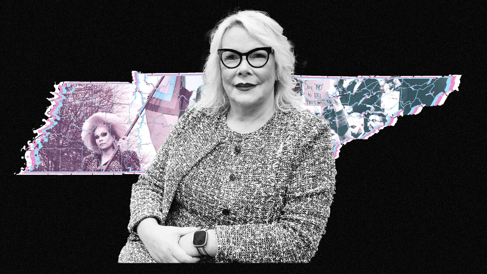 A photo illustration showing Tennessee lawmaker Olivia Hill and two protests for transgender rights in Tennessee.