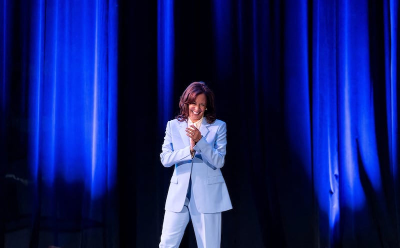 Former U.S. Vice President Kamala Harris, who was the Democratic Party's nominee for the presidency in 2024, reacts during a stop on her book tour in Columbia, South Carolina, U.S. April 16, 2026.