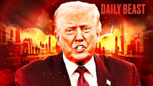 A photo illustration Donald Trump with an exploding city behind him.
