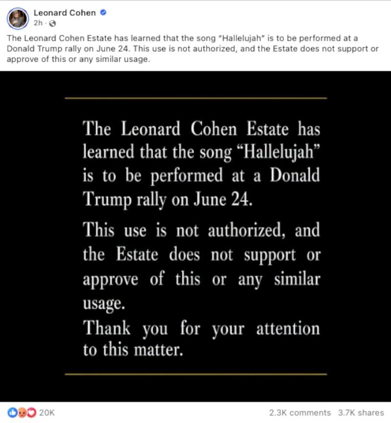 Cohen's estate objects to Trump's planned usage of "Hallelujah."