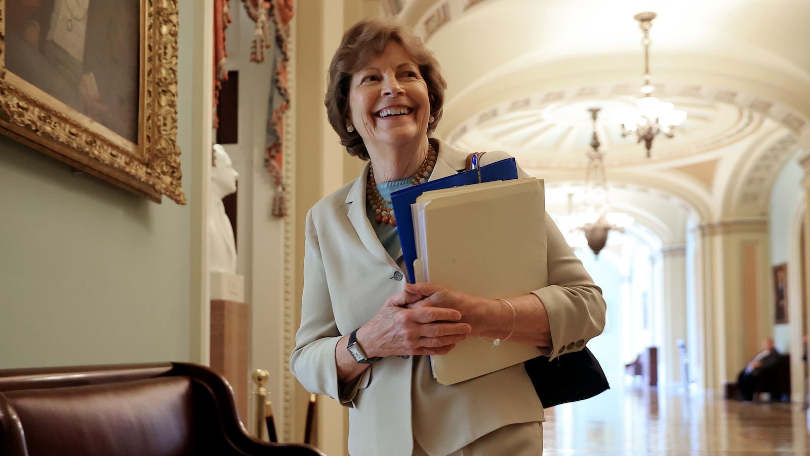 WASHINGTON, DC - JULY 22: One of the principal negotiators in the bipartisan infrastructure plan, Sen. Jeanne Shaheen (D-NH) arrives for a lunch meeting with Senate Democrats at the U.S. Capitol on July 22, 2021 in Washington, DC.