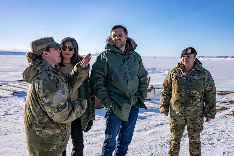 Vice President JD Vance and his wife Usha Vance tour Pituffik Space Base accompanied by two officers.