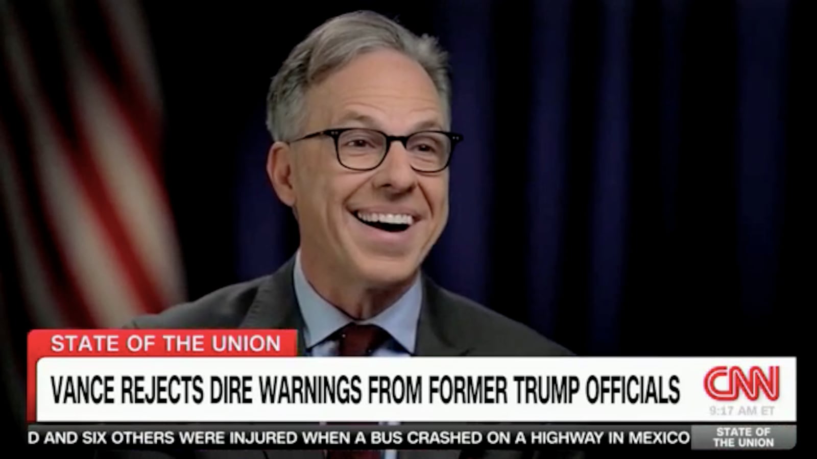 Jake Tapper laughs in JD Vance's face on CNN's State of the Union With Jake Tapper and Dana Bash.