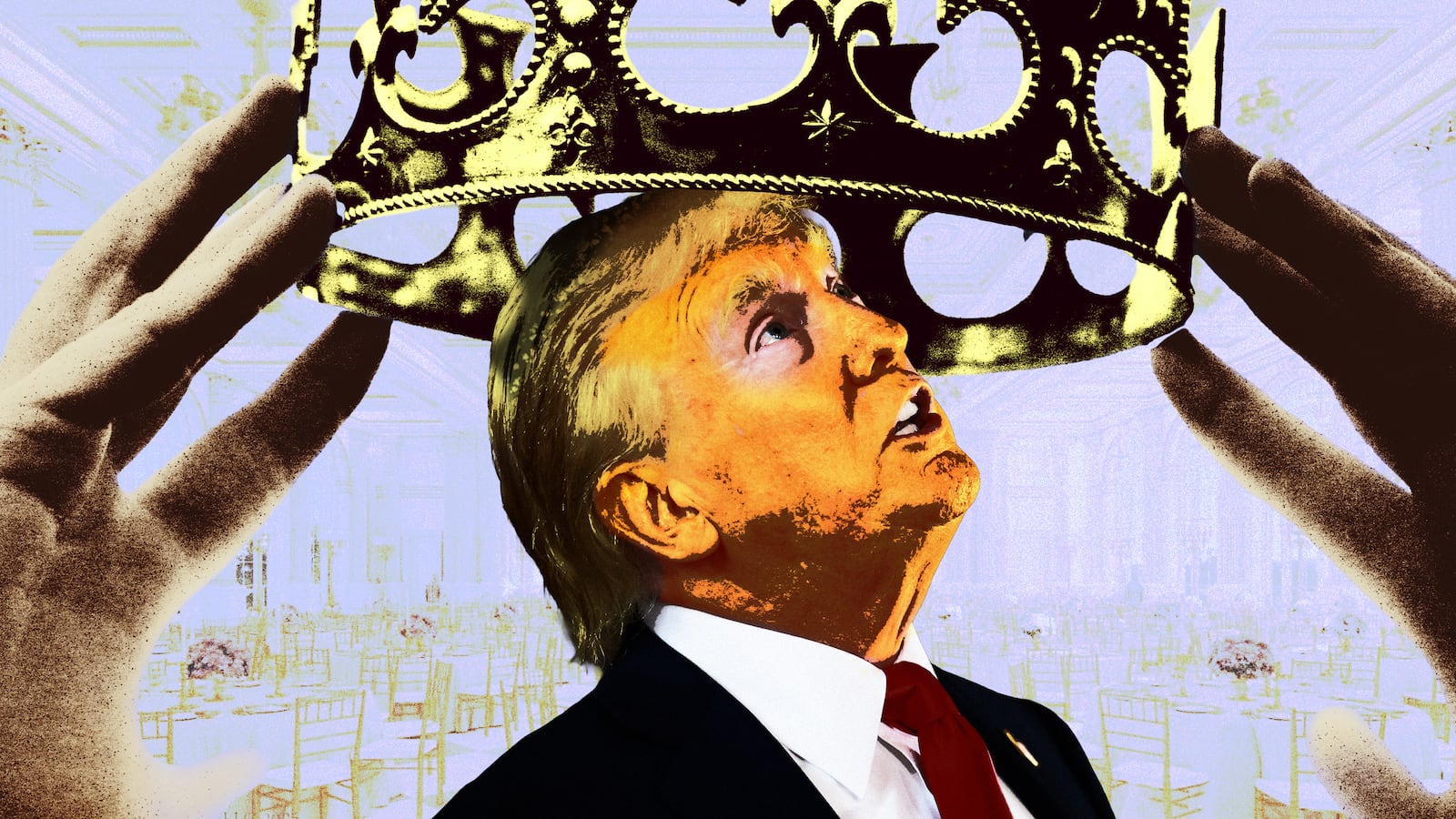 A photo illustration of a pair of hands lowering a large royal crown over Donald Trump's head in front of the plans for the White House Ballroom.