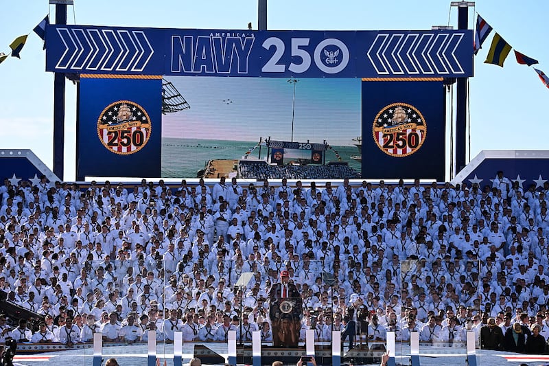 US President Donald Trump delivers remarks during the US Navy's 250th anniversary celebration, "America's Navy 250: Titans of the Sea - A Salute to the Fleet", at Naval Station Norfolk Pier 14 in Norfolk, Virginia on October 5, 2025.