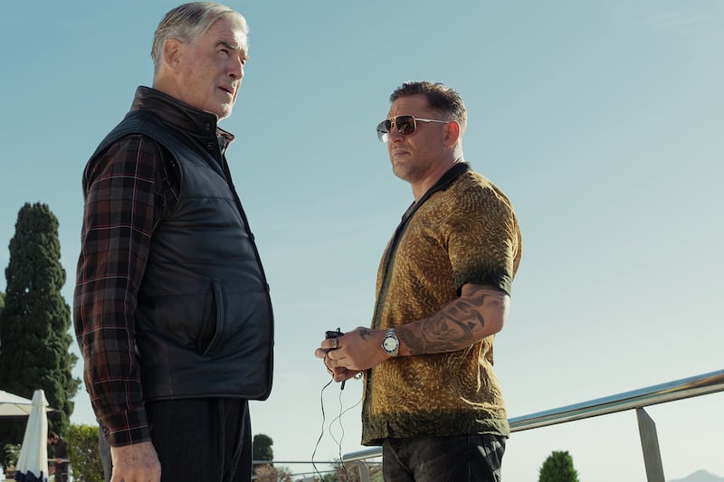 Pierce Brosnan as Conrad Harrigan and Tom Hardy as Harry Da Souza In MobLand