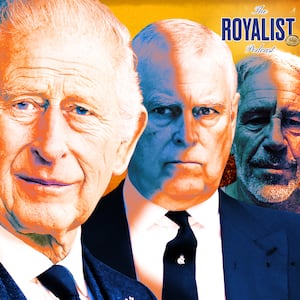 A photo illo illustration of King Charles, Prince Andrew, and Jeffrey Epstein in front of Windsor Castle.