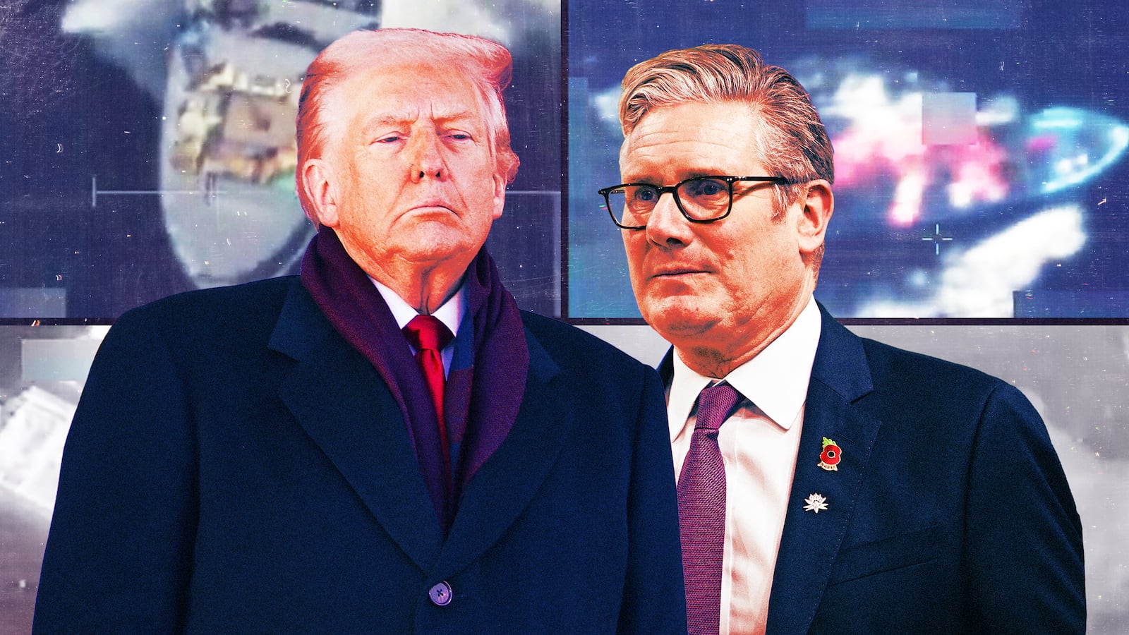 A photo illustration of Donald Trump and Keir Starmer and images of US boat strikes.