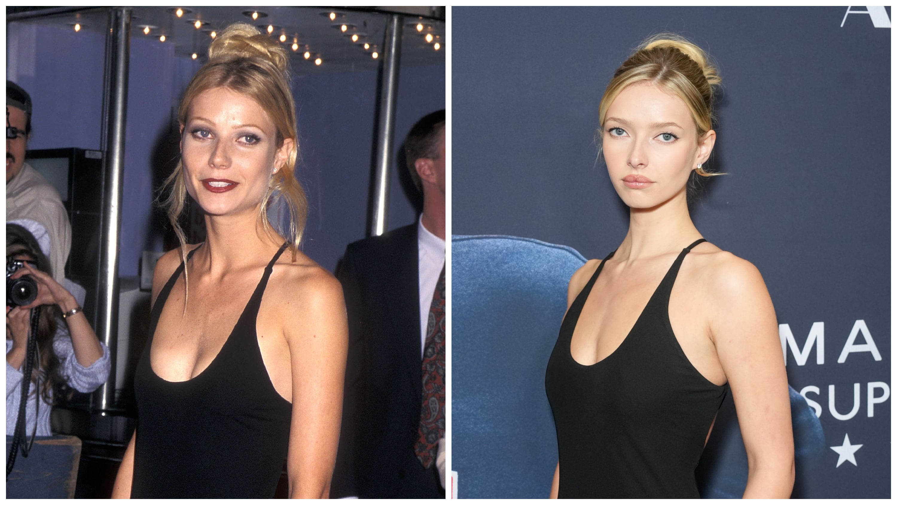Gwyneth Paltrow in 1996 and Apple Martin in 2025 wearing the same black Calvin Klein Collection dress.