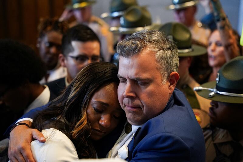 Democratic Senator London Lamar of Memphis and Democratic Tennessee State Representative Jason Powell embrace on the day the Tennessee state Capitol passed a new congressional map by the Republican majority on the final day of a special session in Nashville, Tennessee, U.S..