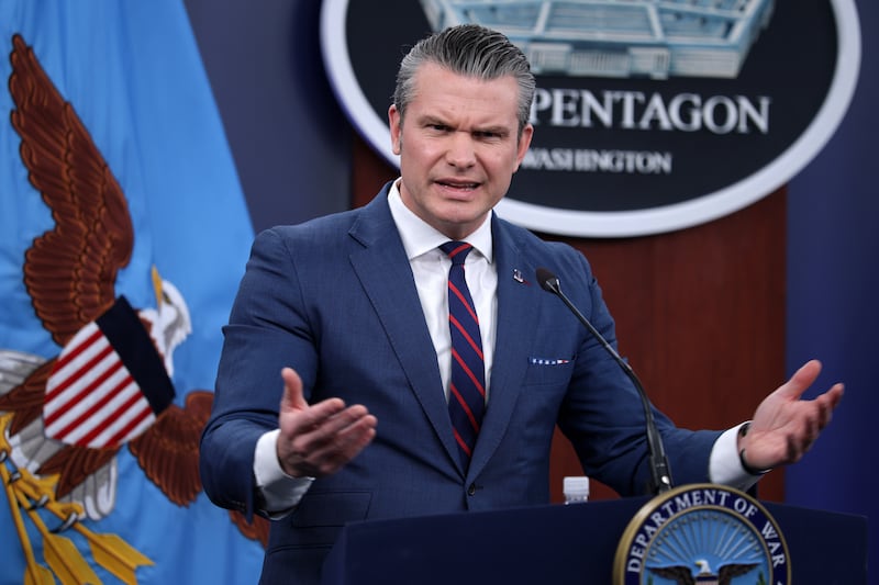 ARLINGTON, VIRGINIA - MARCH 02: U.S. Secretary of War Pete Hegseth speaks during a news conference at the Pentagon on March 2, 2026 in Arlington, Virginia. Secretary Hegseth and Chairman of the Joint Chiefs of Staff General Dan Caine held the news conference to give an update on Operation Epic Fury. (Photo by Alex Wong/Getty Images)
