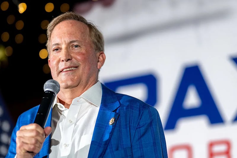 Texas Attorney General Ken Paxton speaks during a campaign event at Matt's Rancho Martinez restaurant on August 04, 2026 in Allen, Texas.