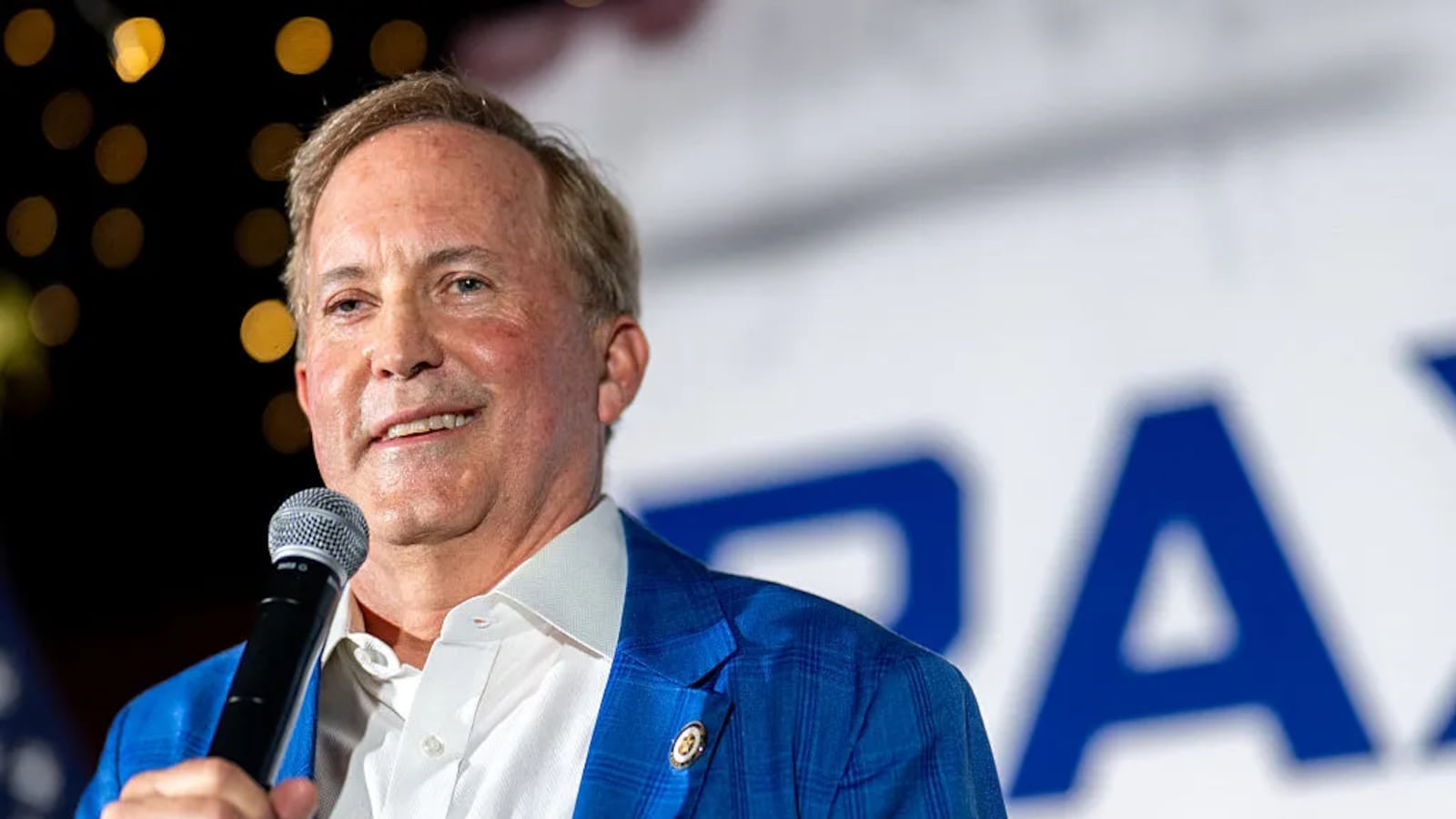 Texas Attorney General Ken Paxton speaks during a campaign event at Matt's Rancho Martinez restaurant on August 04, 2026 in Allen, Texas.