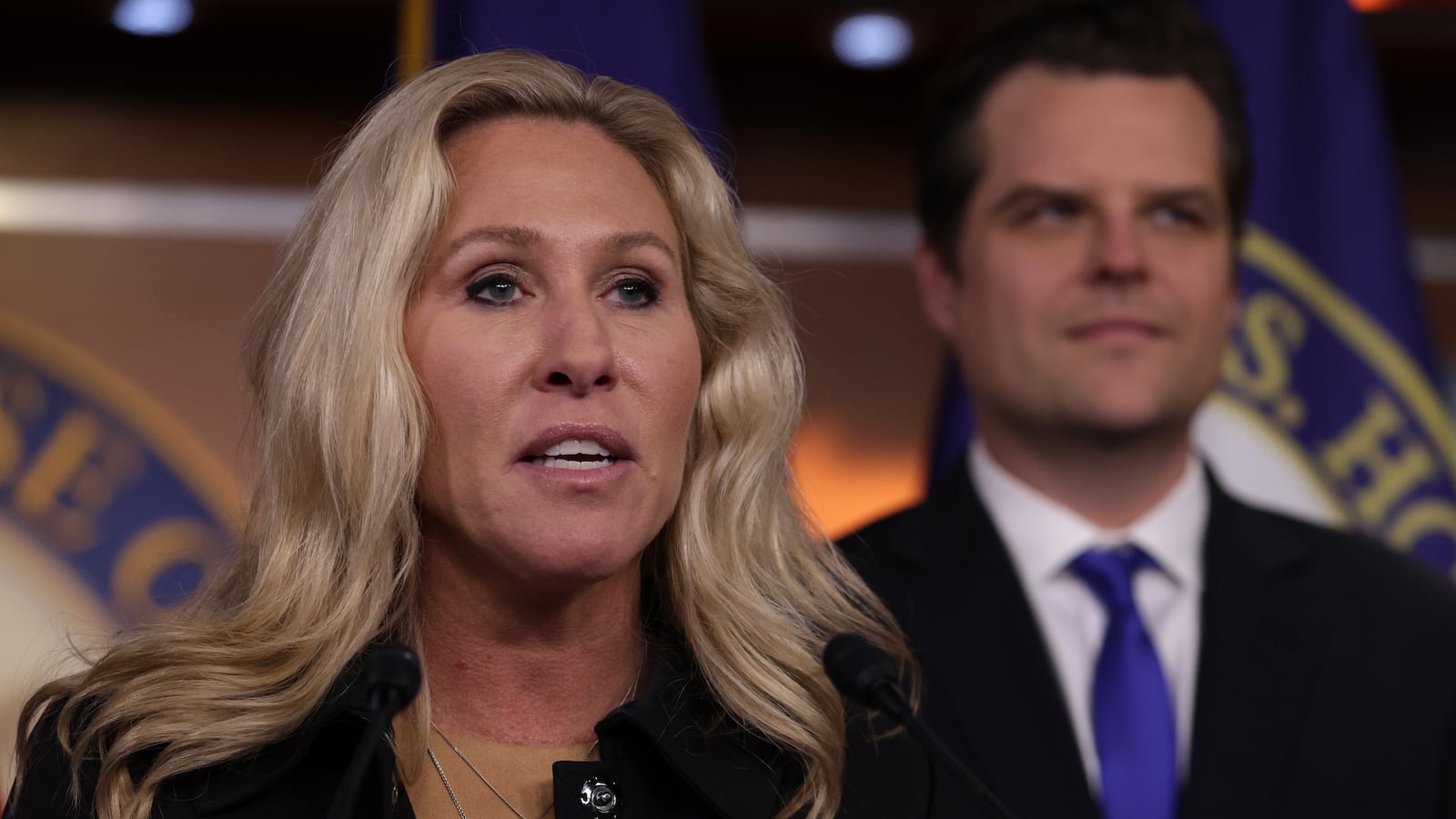 Rep. Marjorie Taylor Greene (R-GA) speaks as former Rep. Matt Gaetz (R-FL) listens during a news conference at the U.S. Capitol on November 17, 2022 in Washington, DC.