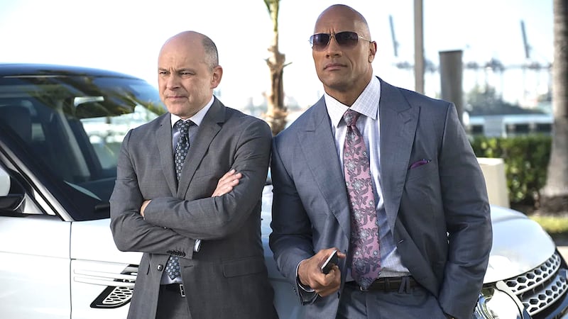 Rob Corddry with The Rock on HBO’s “Ballers.”