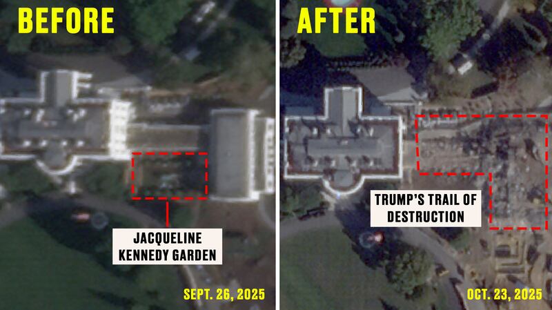 Before and after destruction of the White House’s East Wing and Jacqueline Kennedy garden satellite map.