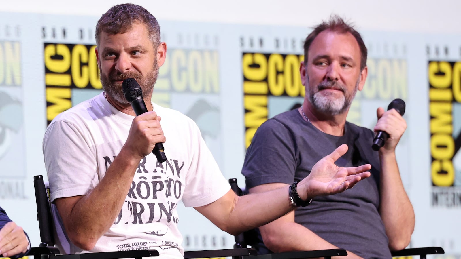 SAN DIEGO, CALIFORNIA - JULY 24: (L-R) Matt Stone and Trey Parker speak onstage at Comedy Central Adult Animation: "South Park", "Beavis & Butt-Head", and "Digman" Panel during 2025 Comic-Con International: San Diego at San Diego Convention Center on July 24, 2025 in San Diego, California. (Photo by Amy Sussman/Getty Images)