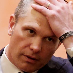 U.S. Secretary of Defense Pete Hegseth reacts prior to a state banquet hosted by Chinese President Xi Jinping at the Great Hall of the People on May 14, 2026 in Beijing, China.