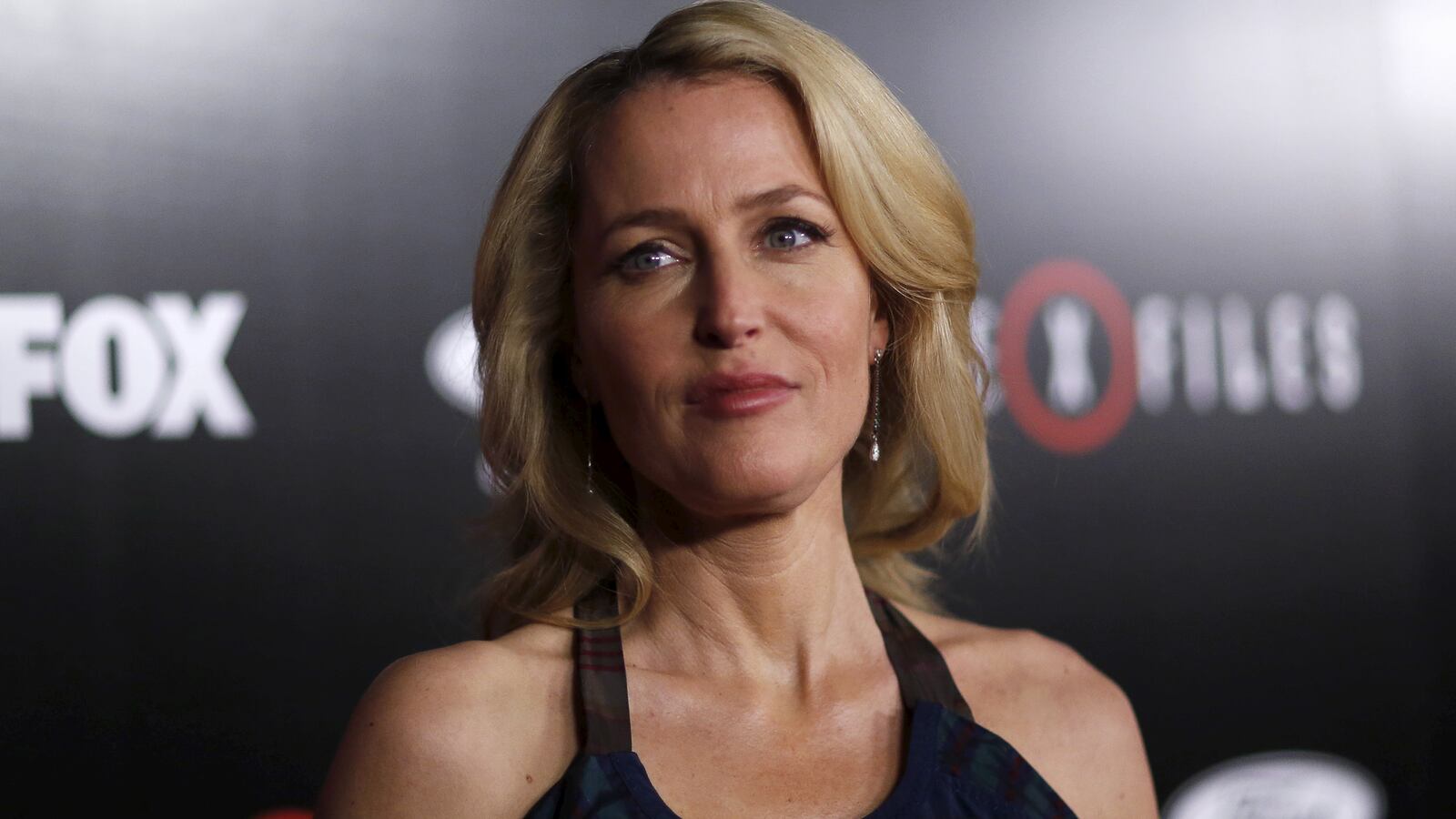 Gillian Anderson poses at a premiere for "The X-Files" at California Science Center in Los Angeles.