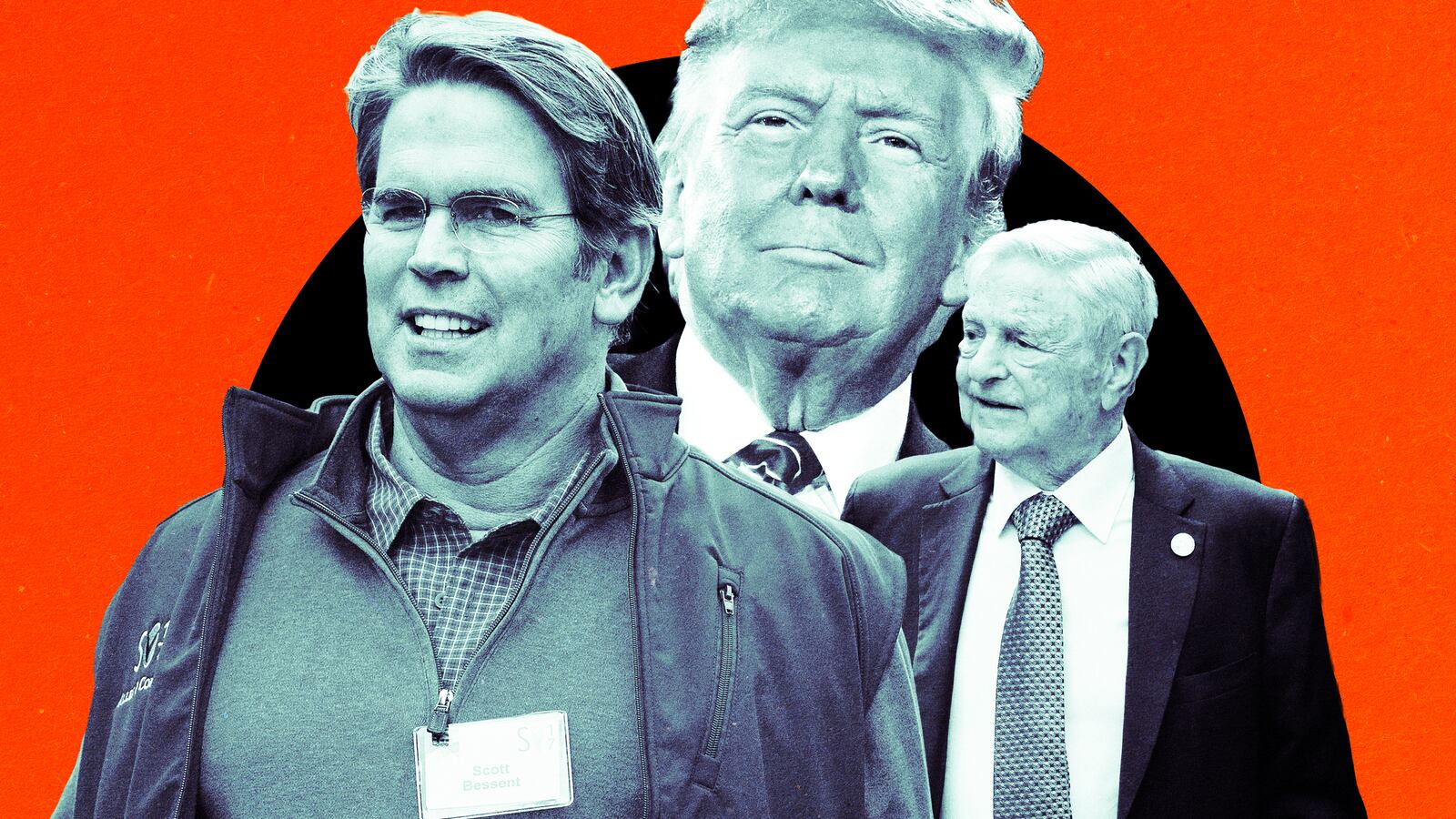 Photo illustration of Donald Trump, George Soros, and Scott Bessent.