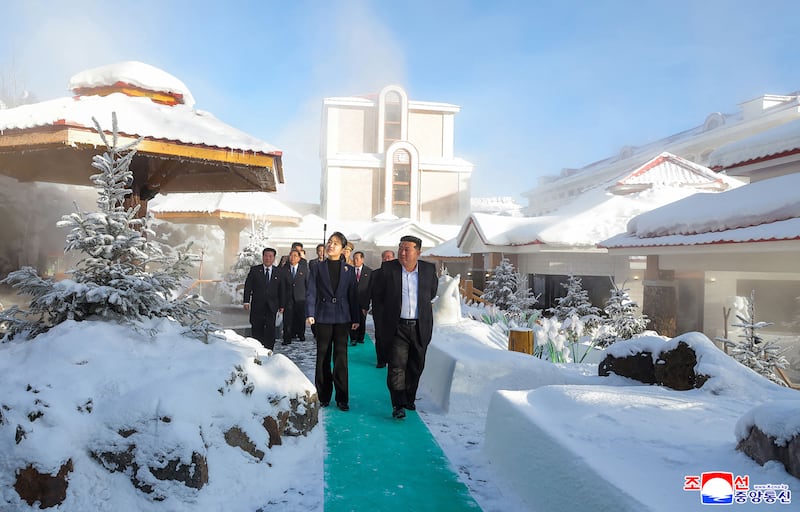 This picture taken on December 20, 2025 and released by North Korea's official Korean Central News Agency (KCNA) via KNS on December 23, 2025 shows North Korean leader Kim Jong Un (L) and his daughter Ju Ae inspecting the Ikkal Hotel, which was recently completed in the Samjiyon tourist district of Ryanggang Province. (Photo by KCNA VIA KNS / AFP via Getty Images) / South Korea OUT / ---EDITORS NOTE--- RESTRICTED TO EDITORIAL USE - MANDATORY CREDIT "AFP PHOTO/KCNA VIA KNS" - NO MARKETING NO ADVERTISING CAMPAIGNS - DISTRIBUTED AS A SERVICE TO CLIENTS
THIS PICTURE WAS MADE AVAILABLE BY A THIRD PARTY. AFP CAN NOT INDEPENDENTLY VERIFY THE AUTHENTICITY, LOCATION, DATE AND CONTENT OF THIS IMAGE. /