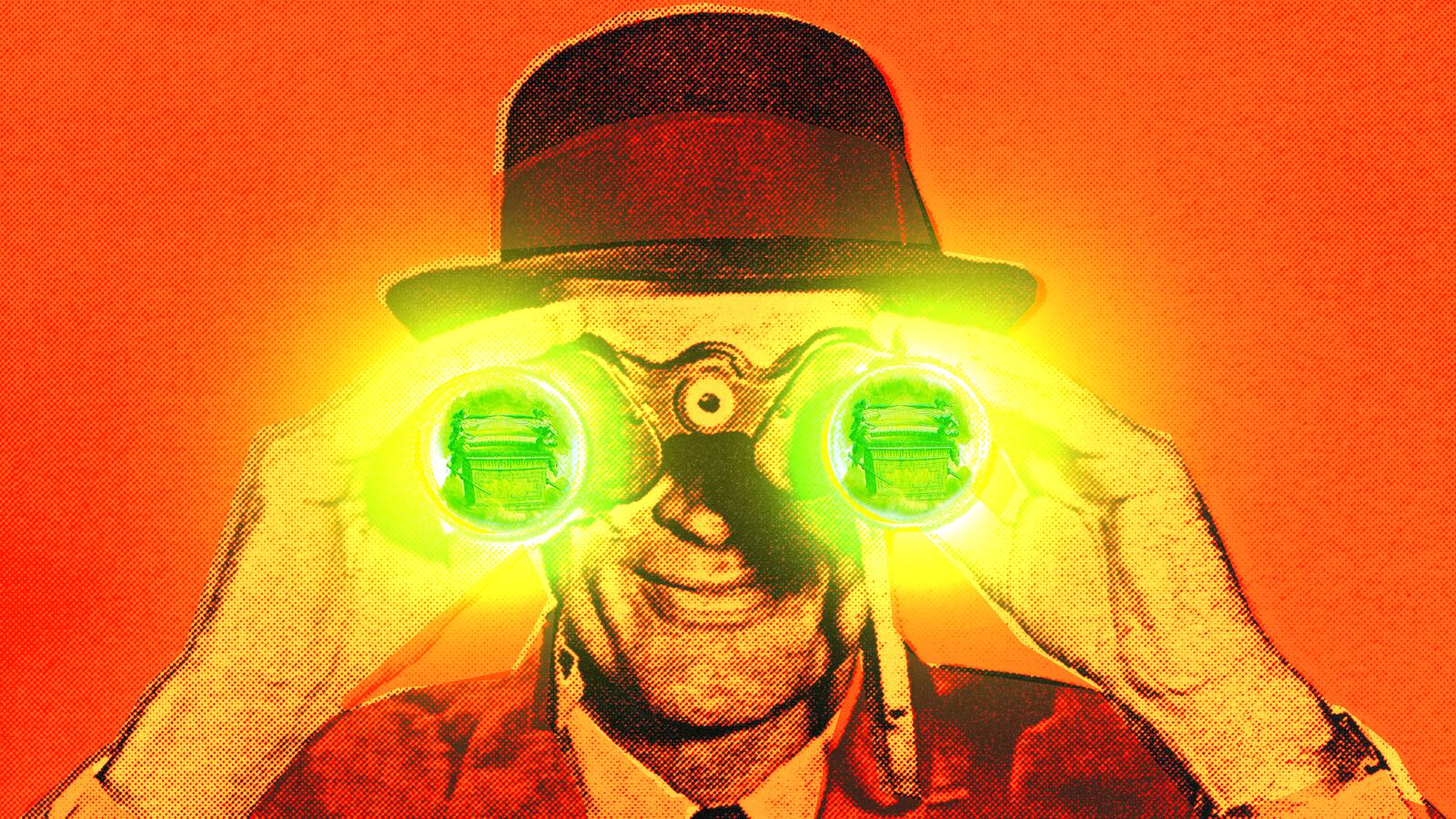 A photo illustration of a man with binoculars looking at the Ark of the Covenant.