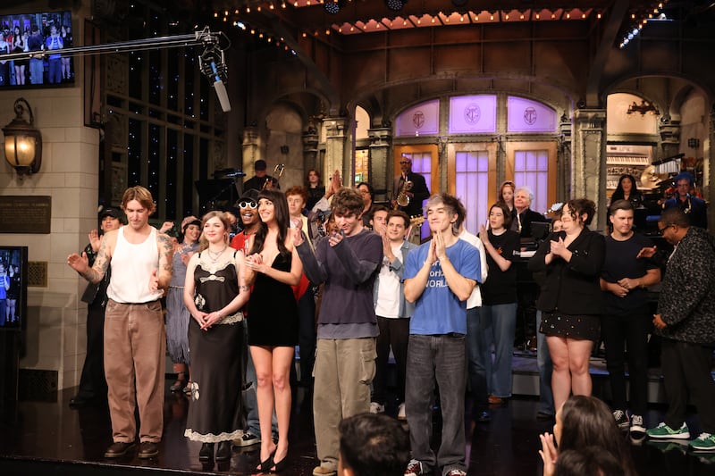 Musical guest Turnstile and host Dakota Johnson during Goodnights & Credits on Saturday, October 3, 2026.