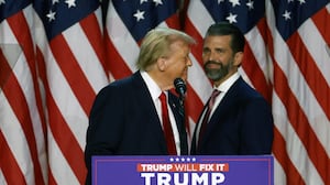 Donald Trump arrives to speak with Donald Trump Jr. during an election night event at the Palm Beach Convention Center on November 06, 2024 in West Palm Beach, Florida.