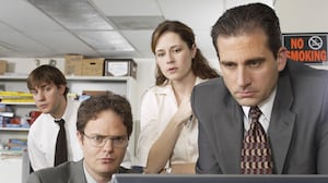 THE OFFICE -- Pilot -- Pictured: (l-r) John Krasinski as Jim Halpert, Rainn Wilson as Dwight Schrute, Jenna Fischer as Pam Beesly, and Steve Carell as Michael Scott-- Photo by: Chris Haston/NBCU Photo Bank