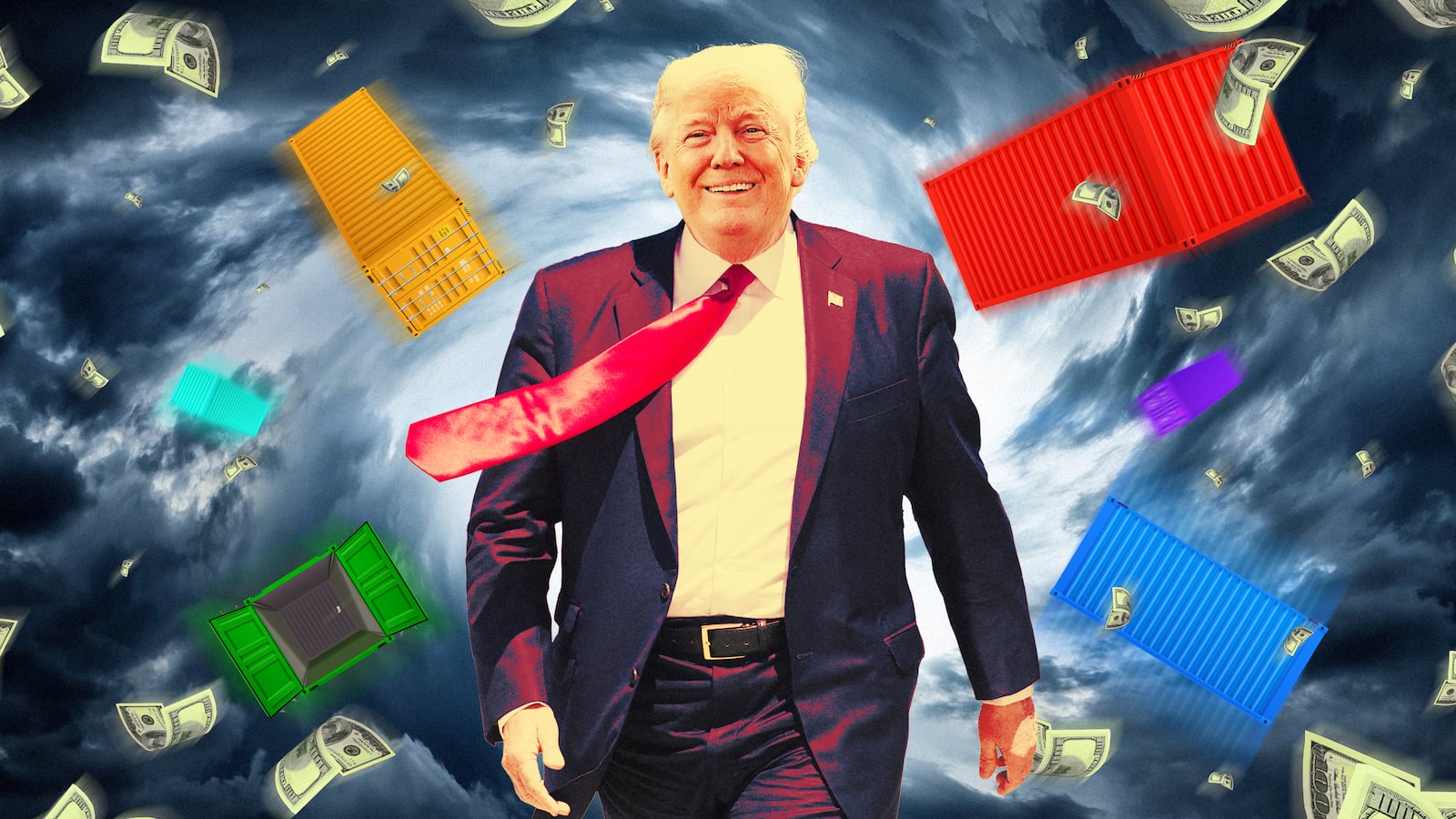 A photo illustration of Donald Trump in the middle of storm, flying money, and shipping containers.
