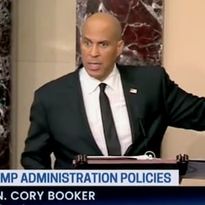 Cory Booker speaks on the floor of the Senate during an all-night filibuster.