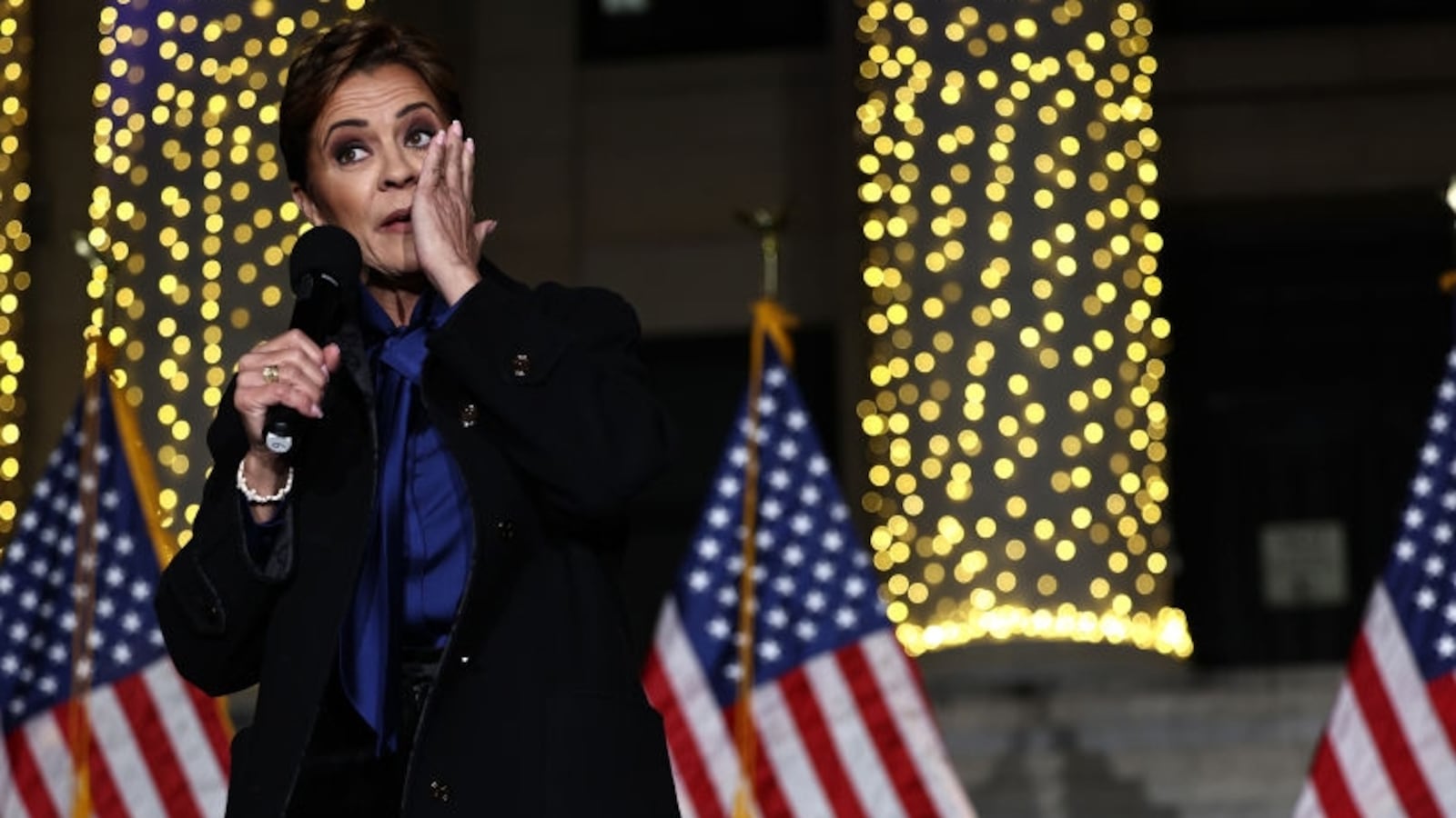 Arizona Republican U.S. Senate candidate Kari Lake speaks at her Election Eve Rally outside the Yavapai County Courthouse on November 4, 2024 in Prescott, Arizona. Lake is running against Arizona Democratic Senate candidate U.S. Rep. Ruben Gallego (D-AZ).