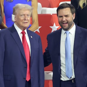 MILWAUKEE, WI JULY 15, 2024 -- Former US President Donald Trump, left, and J.D. Vance during the first day of the Republican National Convention at Milwaukee, WI on Monday, July 15, 2024. (Jason Armond / Los Angeles Times via Getty Images)
