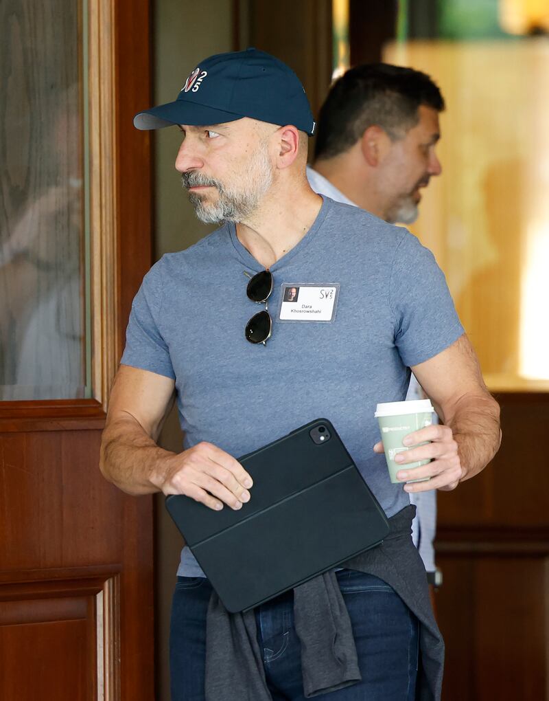 Uber CEO Dara Khosrowshahi wore a plain grey shirt and baseball hat for the conference. His jacket was tied around his waist.