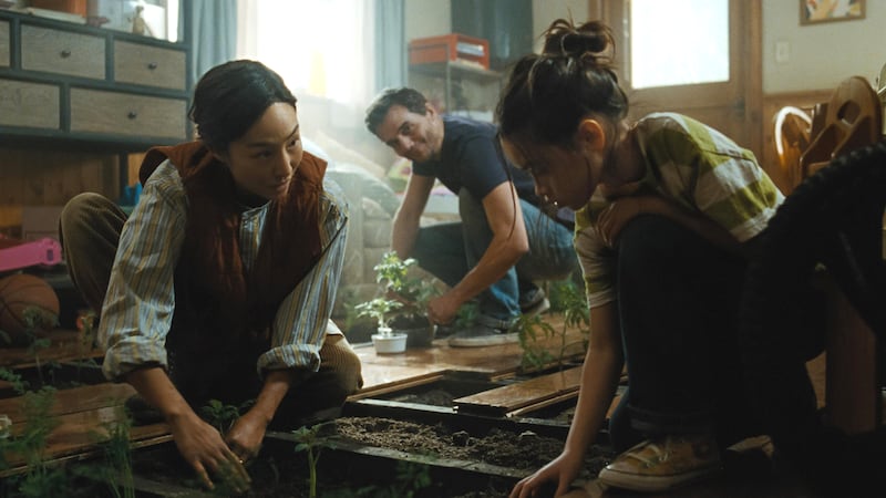 Wagner Moura, Riley Chung, and Greta Lee in The Last House.
