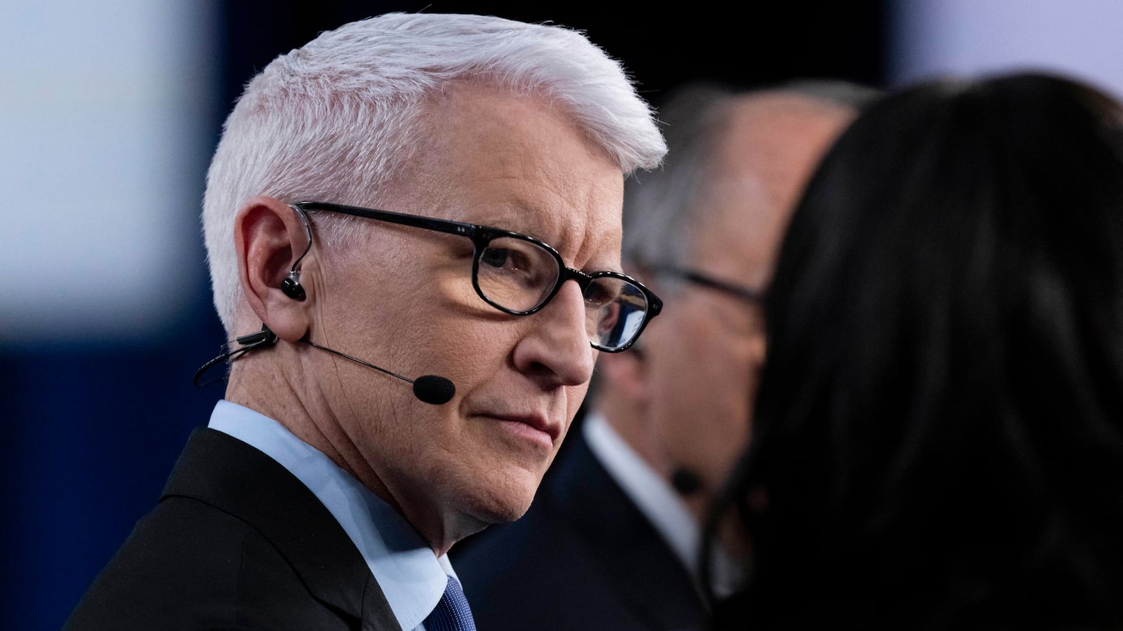 CNN journalist Anderson Cooper looks on in the spin room after the fifth Republican presidential primary debate at Drake University in Des Moines, Iowa, on January 10, 2024. (Photo by Christian MONTERROSA / AFP) (Photo by CHRISTIAN MONTERROSA/AFP via Getty Images)