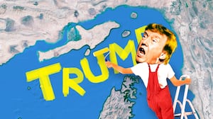 A photo illustration of Donald Trump painting his name over the Strait of Hormuz.
