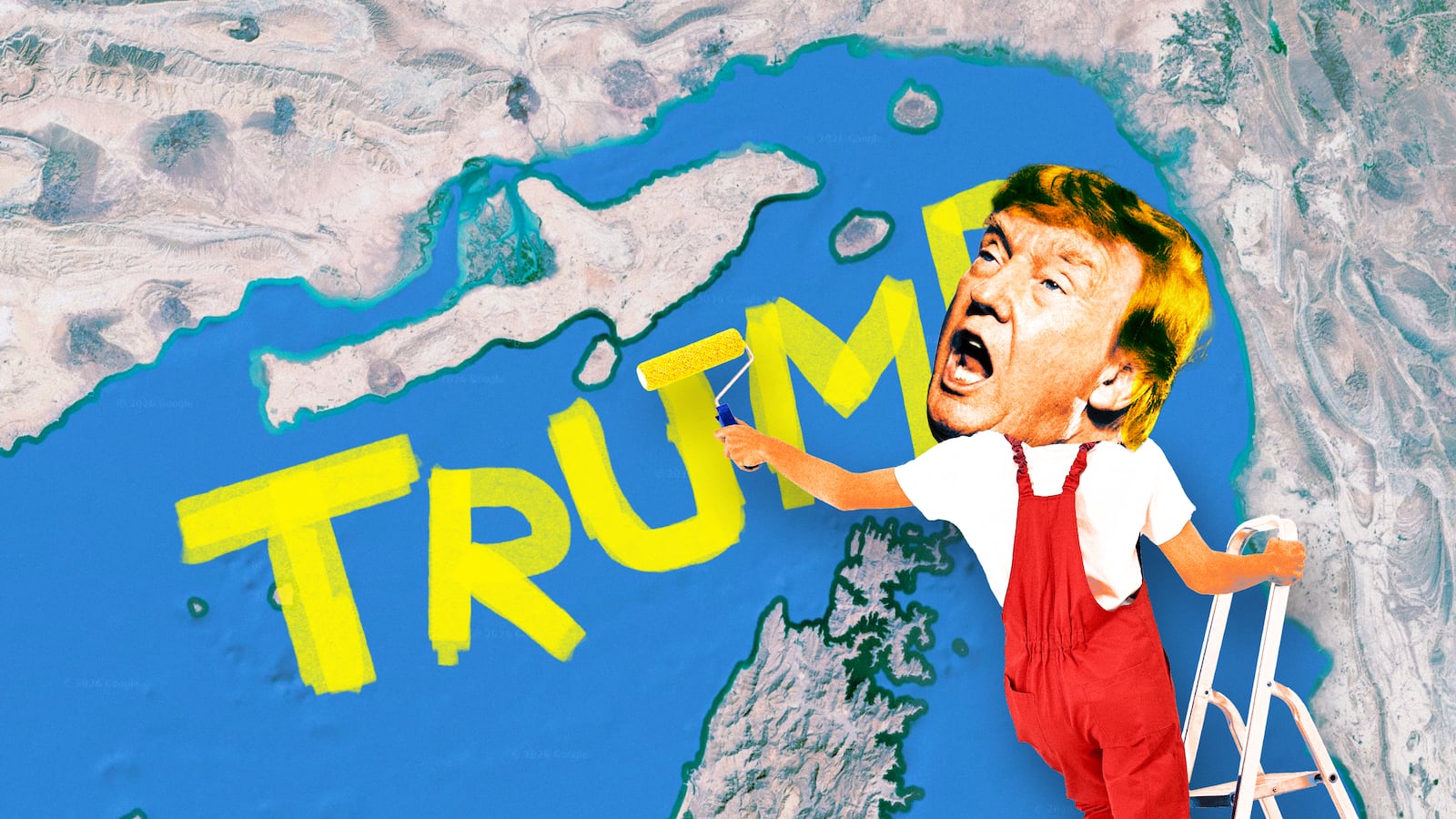 A photo illustration of Donald Trump painting his name over the Strait of Hormuz.