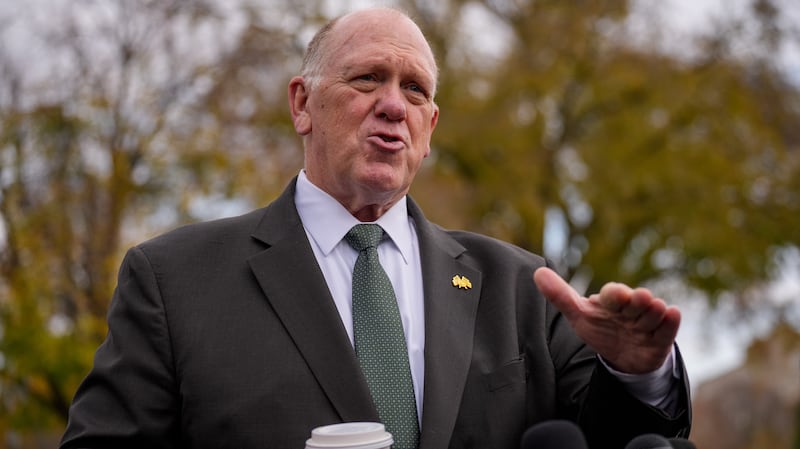 WASHINGTON, DC - NOVEMBER 14: White House Border Czar Tom Homan stops to speaks to reporters following a video interview on the North Lawn outside of the White House on November 14, 2025 in Washington, DC. Homan has been accused of taking a $50,000 bribe from undercover FBI agents. (Photo by Andrew Harnik/Getty Images)