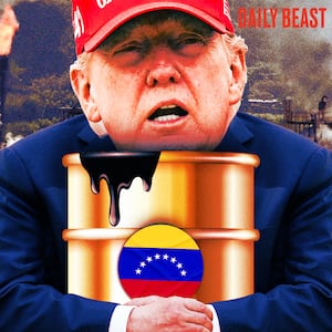 Donald Trump carrying an oil drum with the Venezuela flag in front of a oil refining plant of state-owned Petroleos de Venezuela.