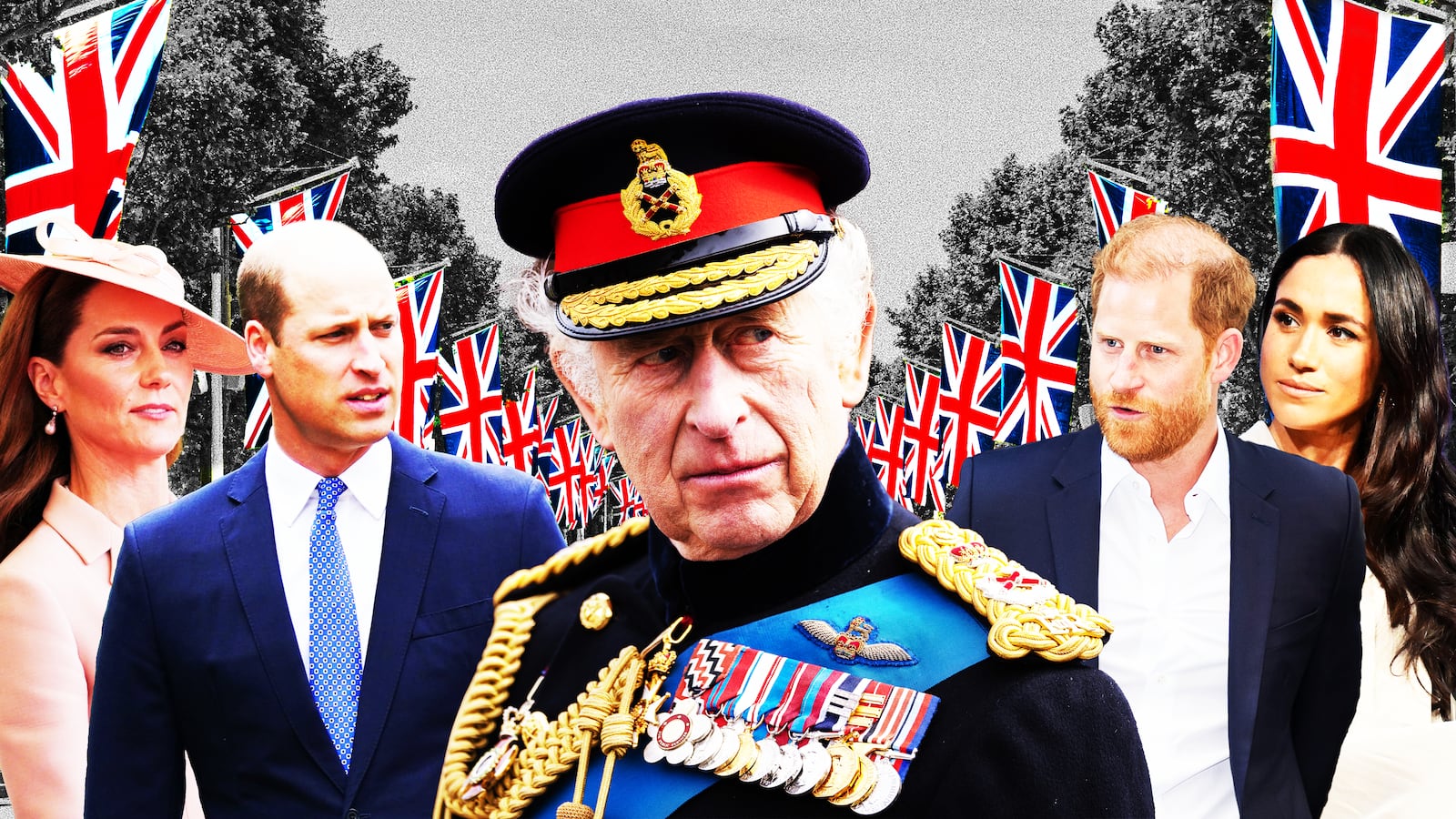 King Charles, Prince Harry, Prince William, Meghan Markle, Kate Middleton