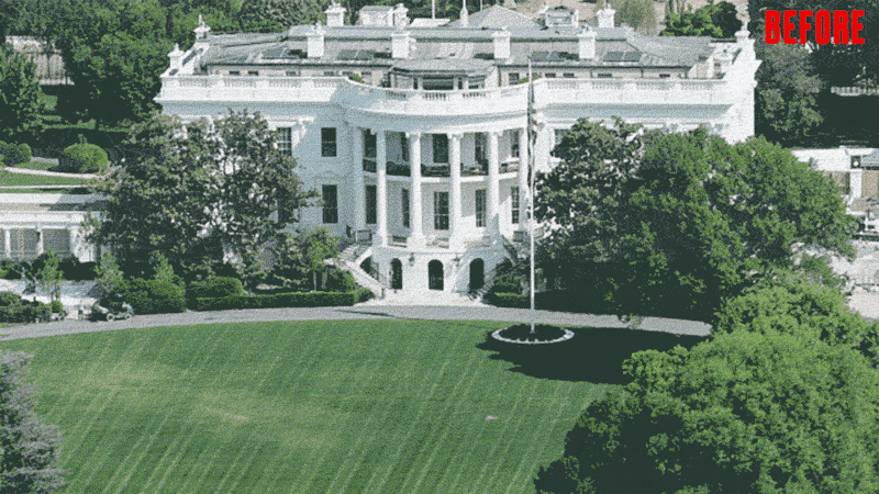 A comparison of the White House South Lawn on April 17 and June 24, in Washington, D.C.