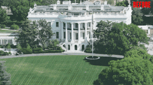 A comparison of the White House South Lawn on April 17 and June 24, in Washington, D.C.